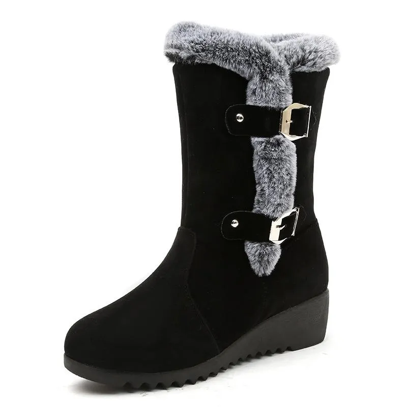 Women buckle straps thick faux fur wedge mid calf snow boots