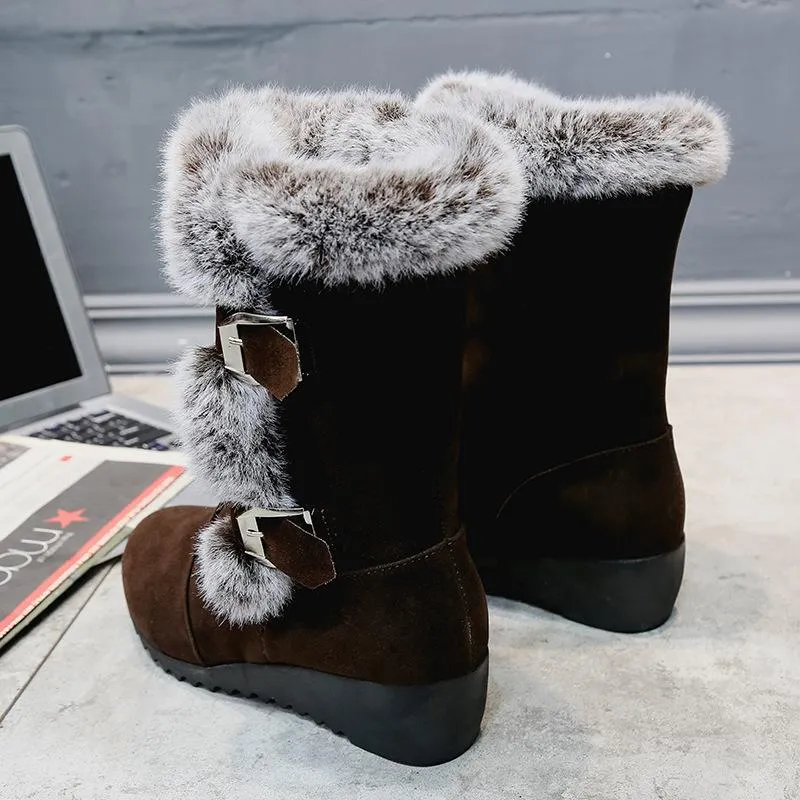 Women buckle straps thick faux fur wedge mid calf snow boots