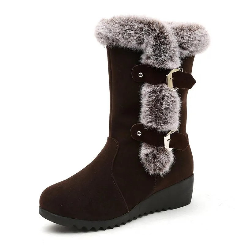 Women buckle straps thick faux fur wedge mid calf snow boots