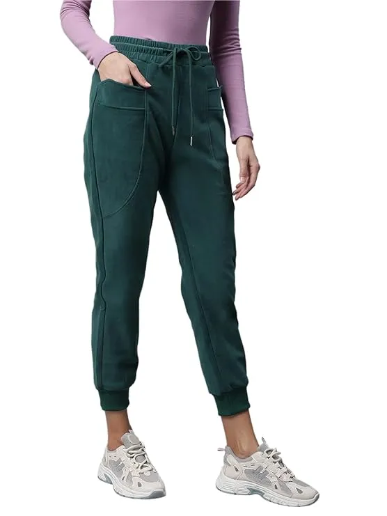 Women Green Elastic Hem Tapered Leg High Rise Jogger