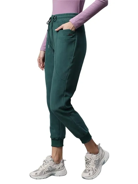 Women Green Elastic Hem Tapered Leg High Rise Jogger