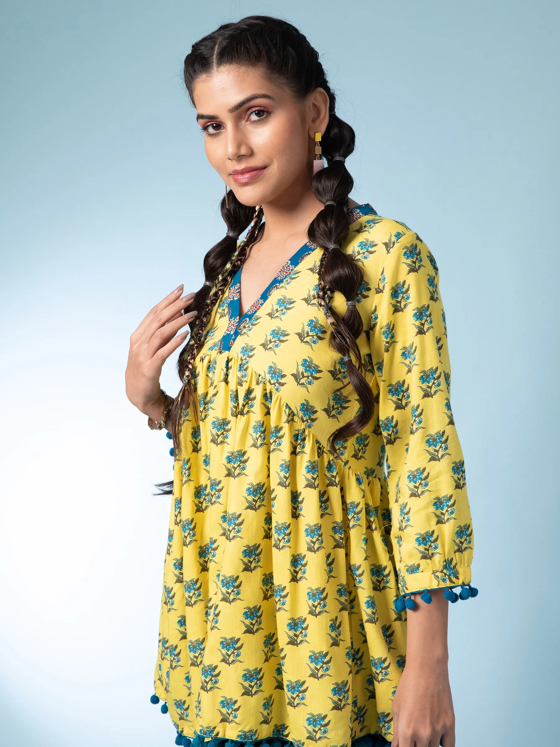 Women Mustard V-Neck Floral Printed Cotton Tunic