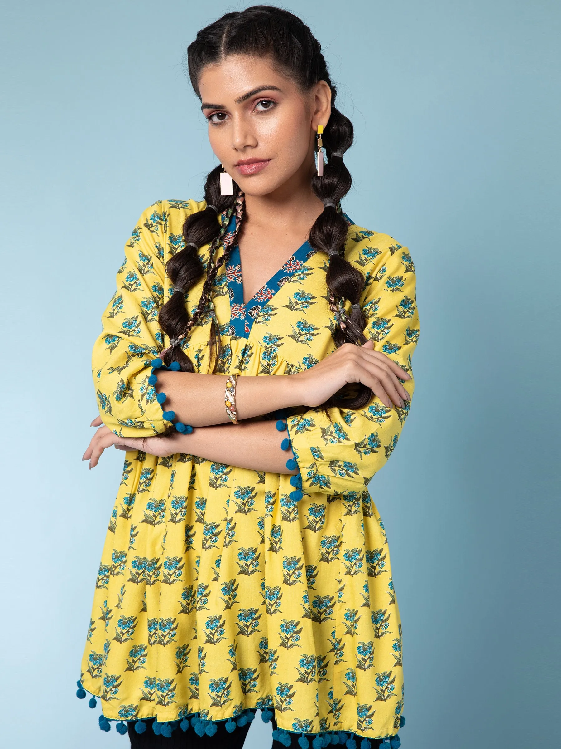 Women Mustard V-Neck Floral Printed Cotton Tunic