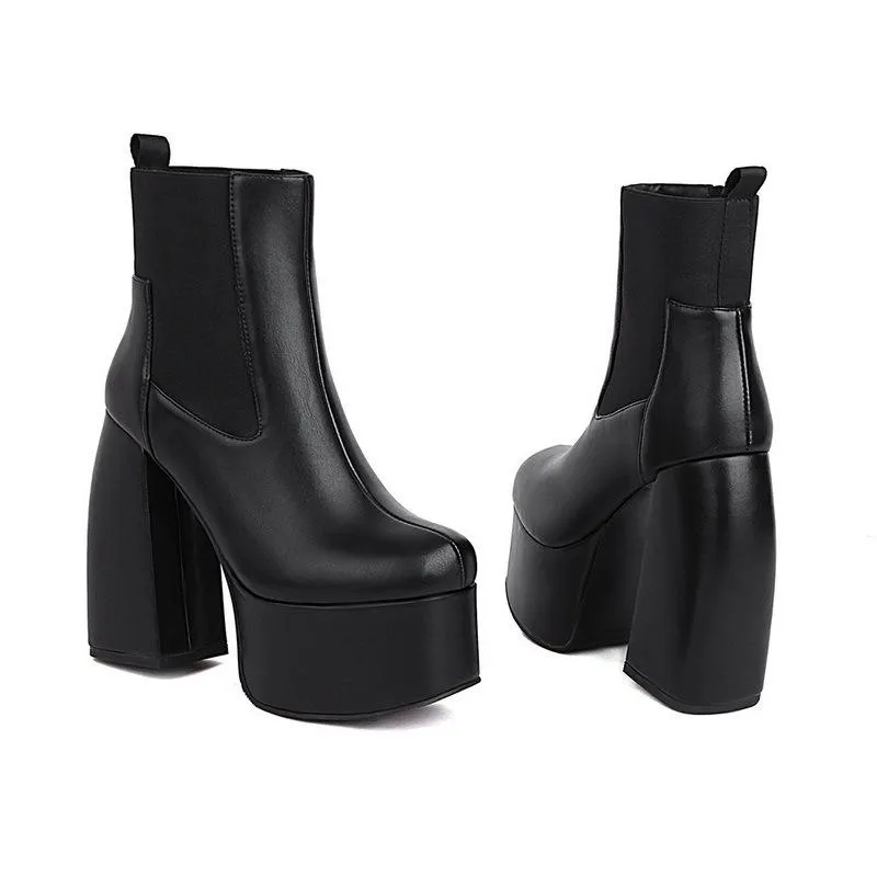 Women platform chunky high heel slip on short black boots