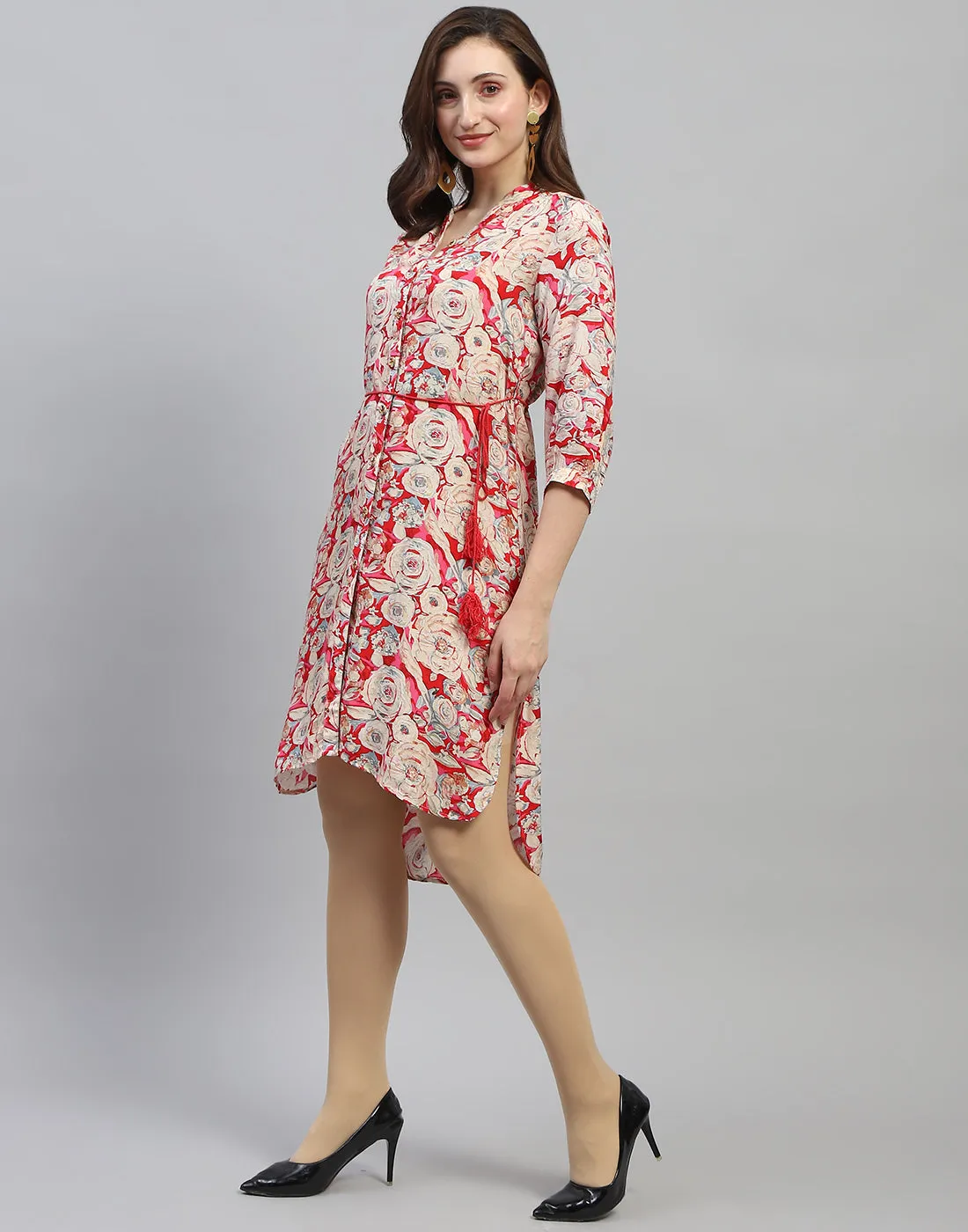 Women Red Floral Print V Neck 3/4 Sleeve Dress