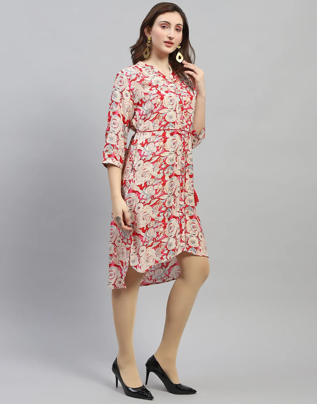 Women Red Floral Print V Neck 3/4 Sleeve Dress