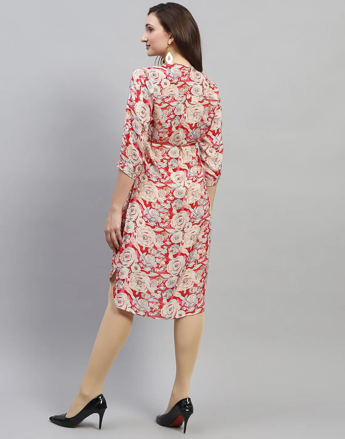 Women Red Floral Print V Neck 3/4 Sleeve Dress