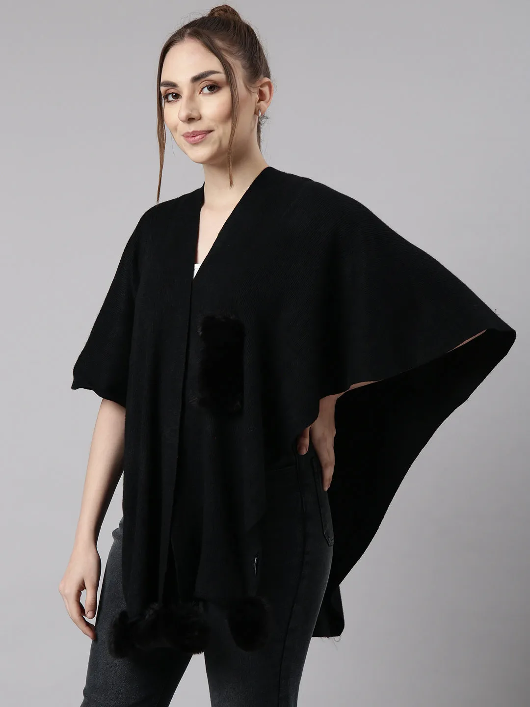 Women Solid Black Regular Front-Open Poncho