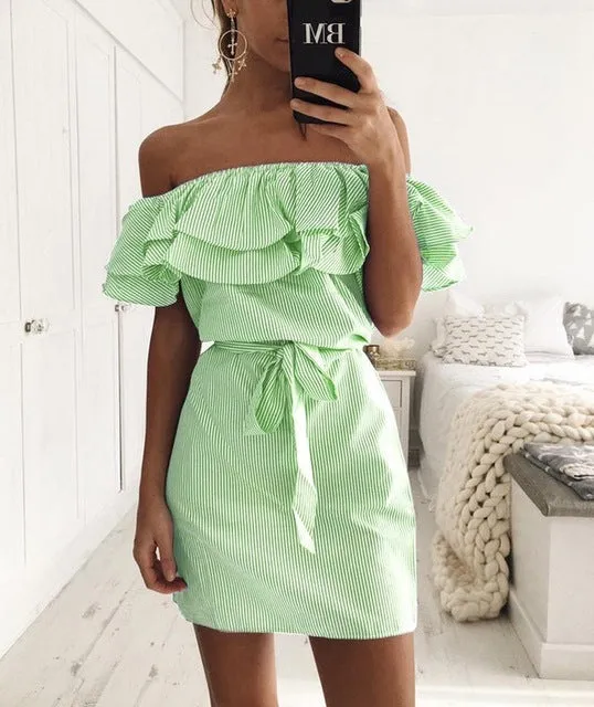 Women Striped Ruffle Collar Sundress