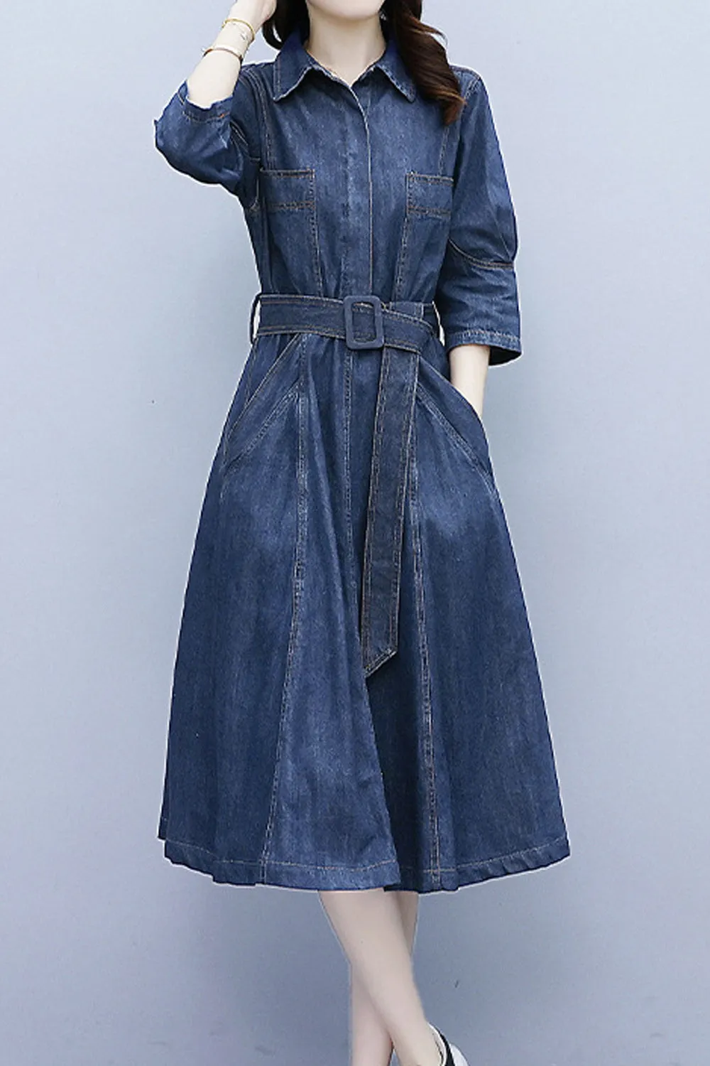 Women Stylish Collar Short Sleeve Awesome Solid Colored Mid-Length Autumn Casual Denim Dress - C2524UD