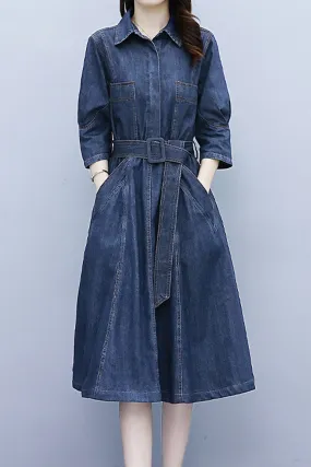 Women Stylish Collar Short Sleeve Awesome Solid Colored Mid-Length Autumn Casual Denim Dress - C2524UD