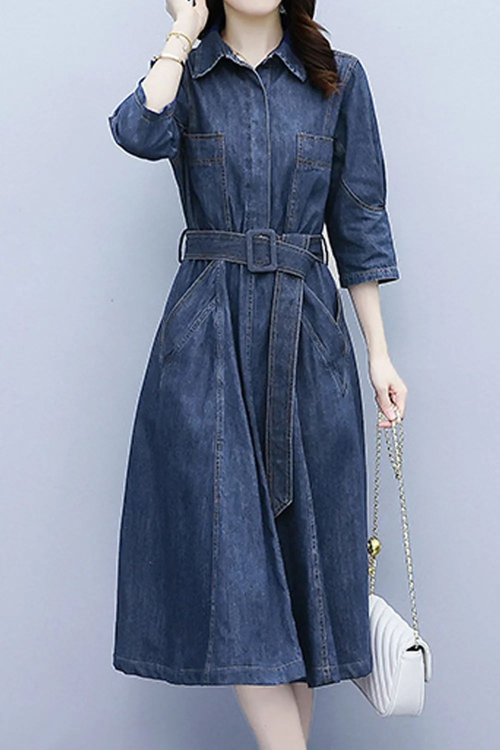 Women Stylish Collar Short Sleeve Awesome Solid Colored Mid-Length Autumn Casual Denim Dress - C2524UD