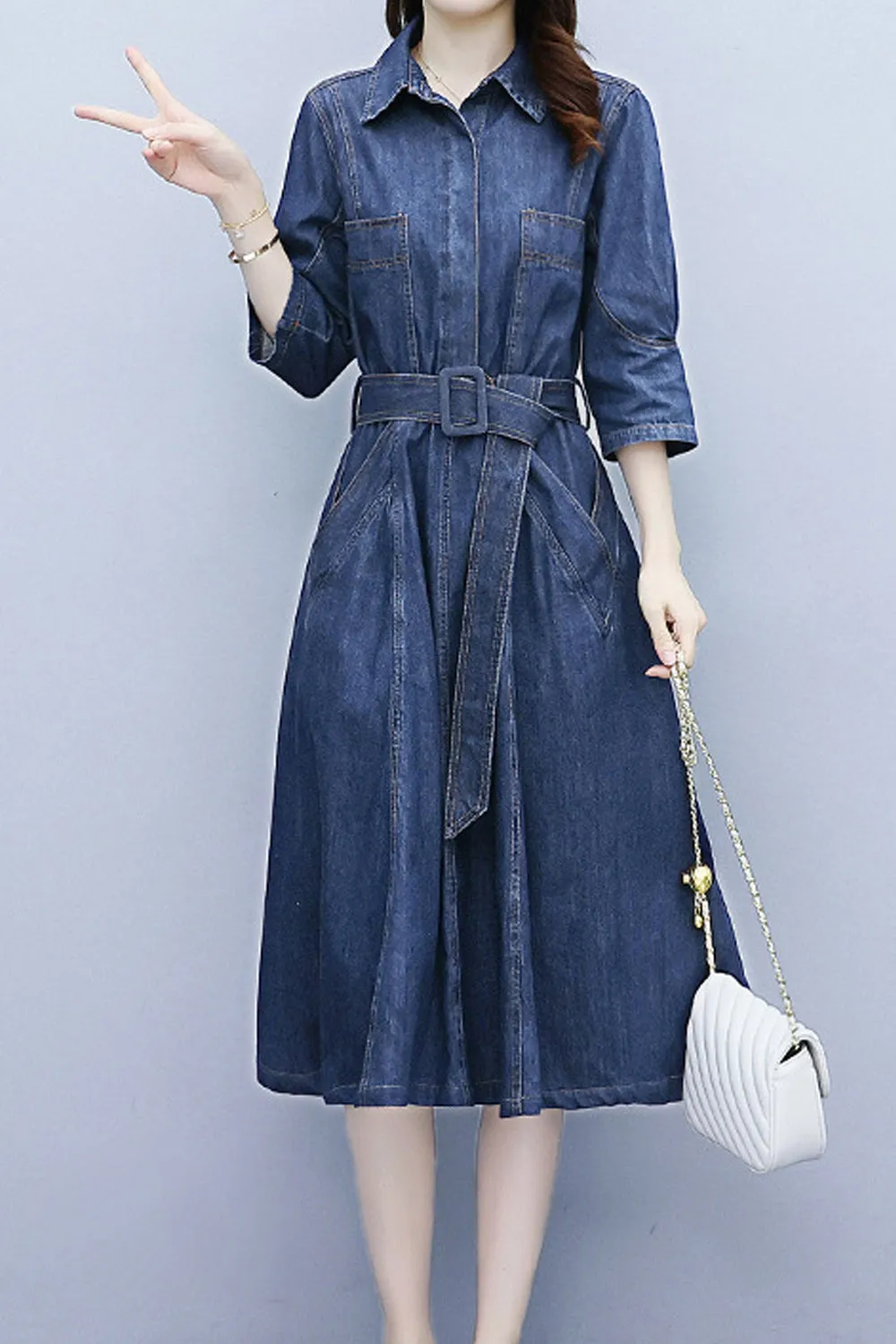 Women Stylish Collar Short Sleeve Awesome Solid Colored Mid-Length Autumn Casual Denim Dress - C2524UD