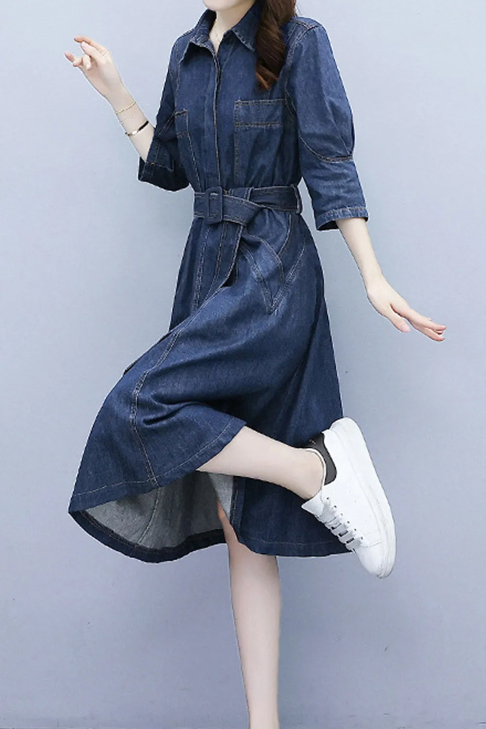 Women Stylish Collar Short Sleeve Awesome Solid Colored Mid-Length Autumn Casual Denim Dress - C2524UD