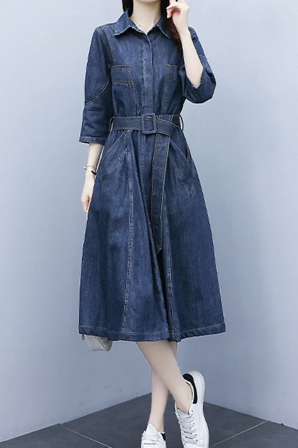 Women Stylish Collar Short Sleeve Awesome Solid Colored Mid-Length Autumn Casual Denim Dress - C2524UD