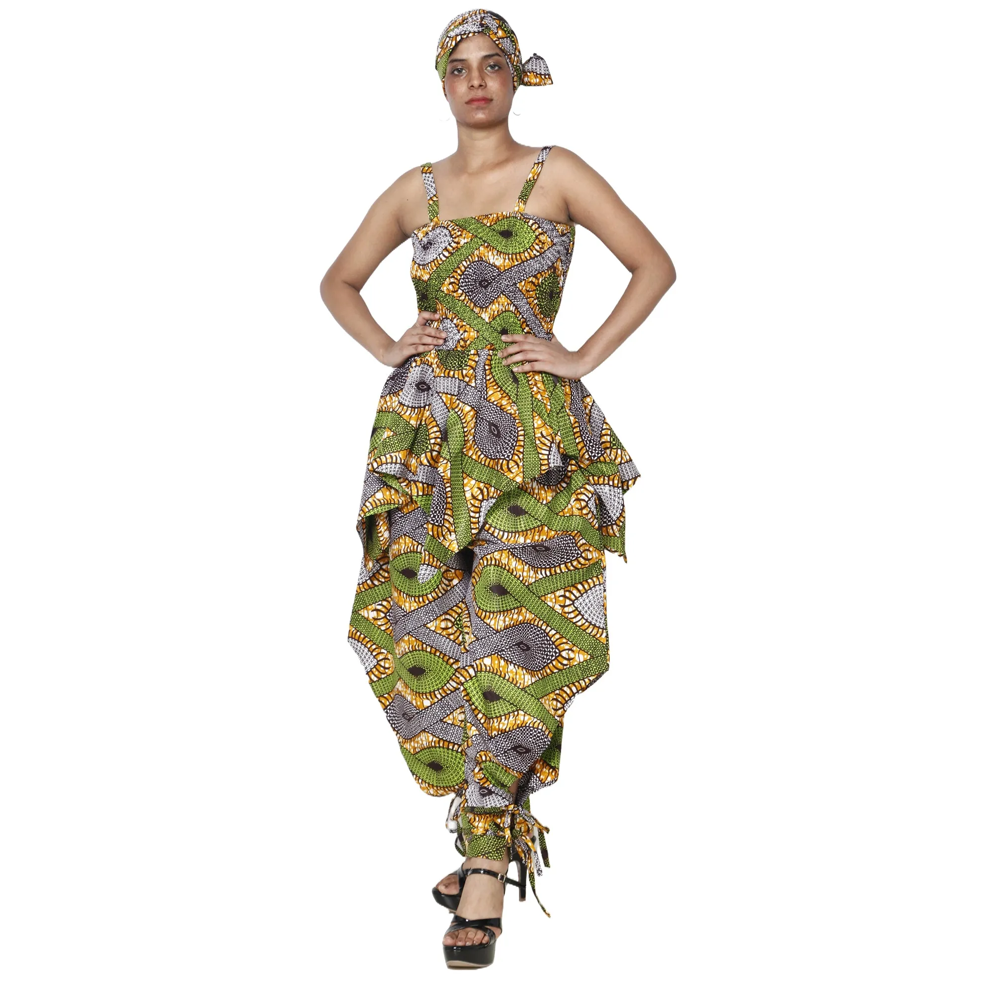 Women's African Print Sleeveless Peplum Top and Jogger Pants Set -- FI-4042