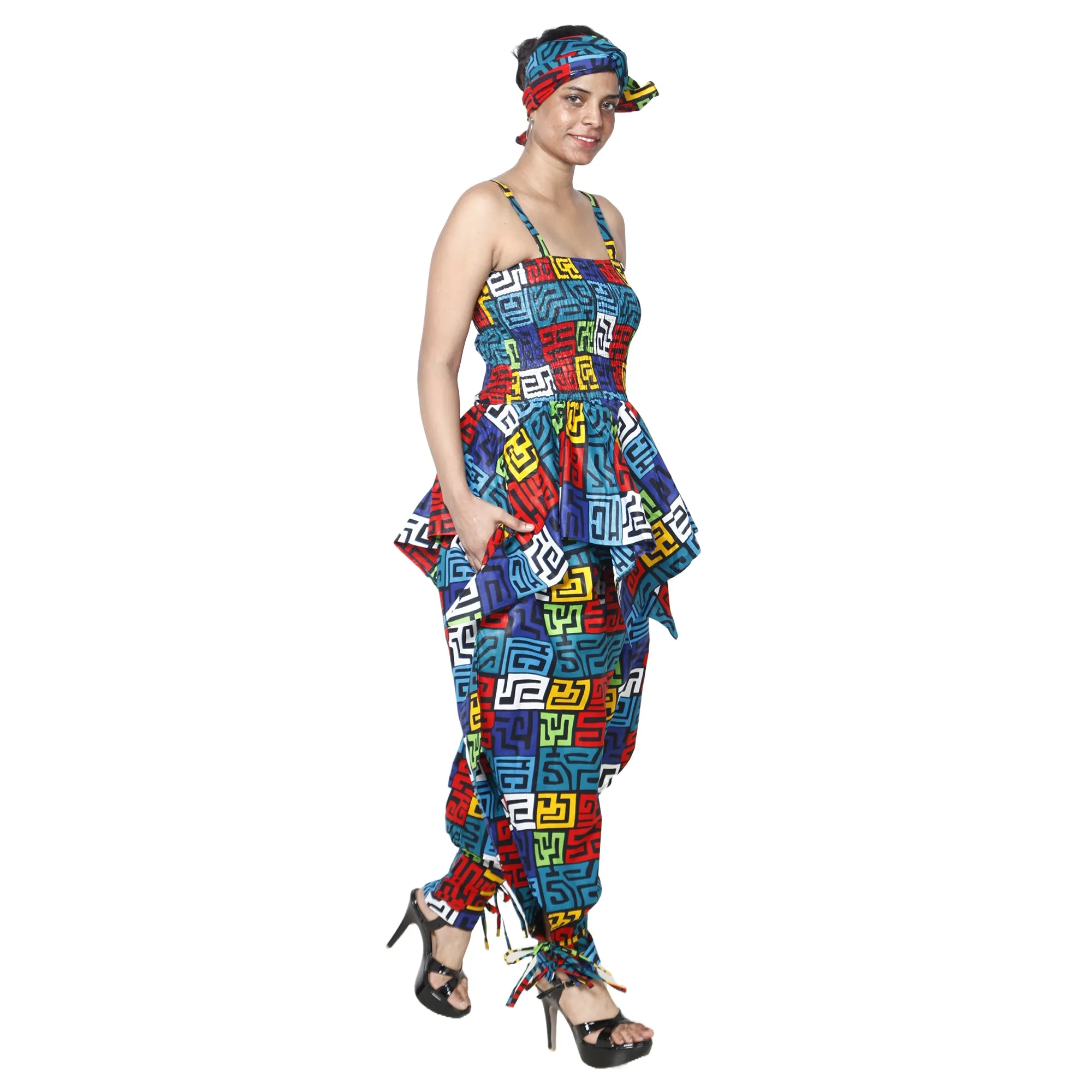 Women's African Print Sleeveless Peplum Top and Jogger Pants Set -- FI-4042