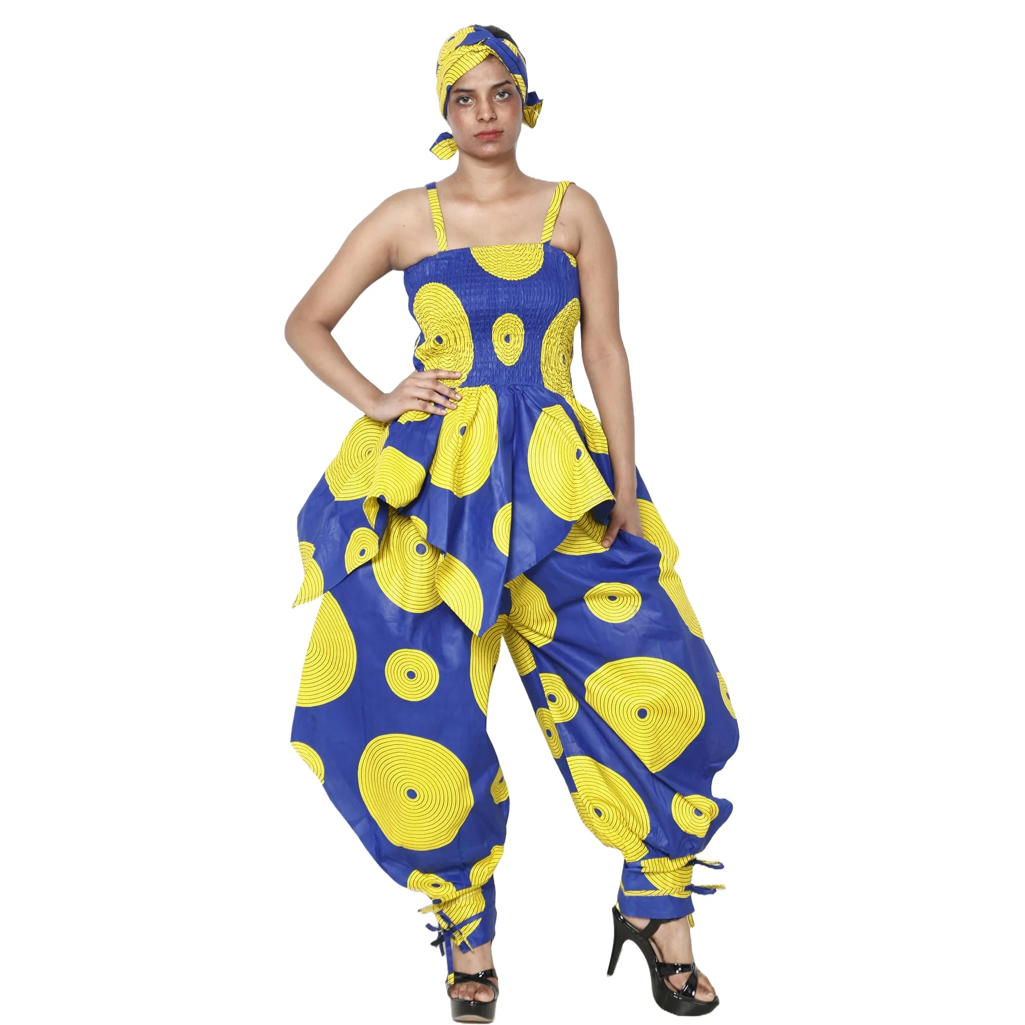 Women's African Print Sleeveless Peplum Top and Jogger Pants Set -- FI-4042