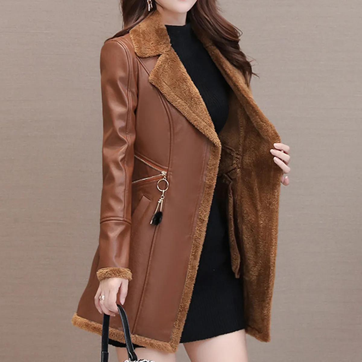 Women’s Brown Genuine Sheepskin Lapel Collar Sherpa Shearling Faux Fur Lined Thick Warm Casual Classic Single Breasted Trench Style Leather Coat Jacket