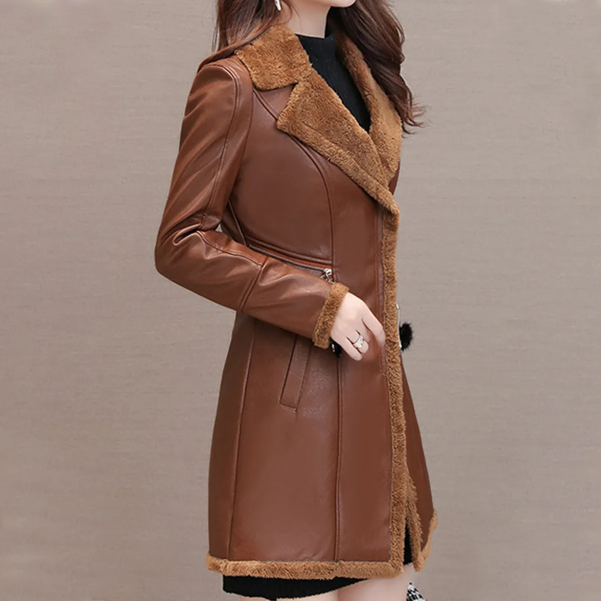 Women’s Brown Genuine Sheepskin Lapel Collar Sherpa Shearling Faux Fur Lined Thick Warm Casual Classic Single Breasted Trench Style Leather Coat Jacket