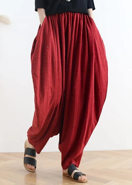 Women's spring and summer high waist cotton and linen loose large size casual red pants retro cropped pants