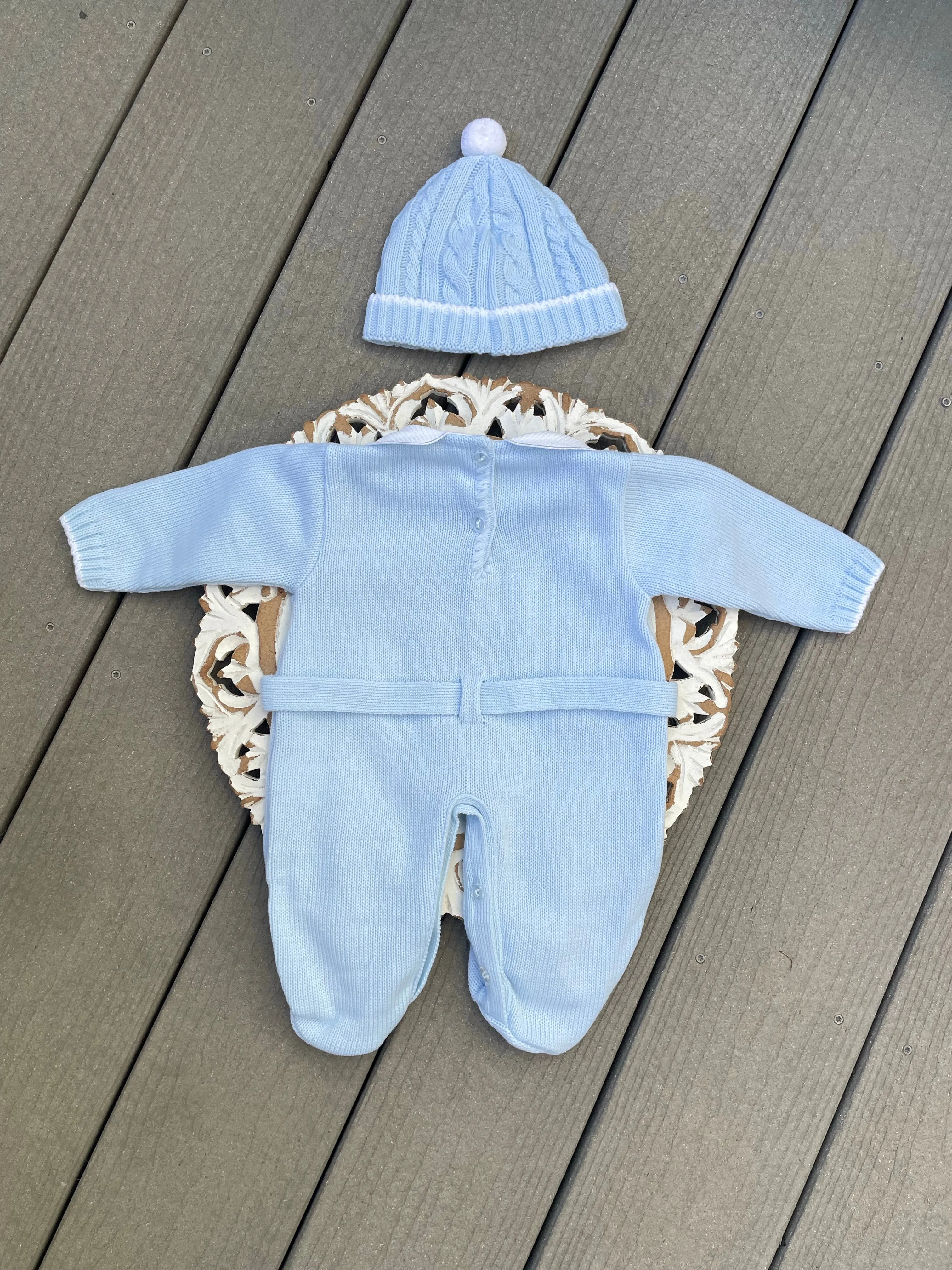 Wooden waist buttons cable knit stripes romper knitted set in sky Blue