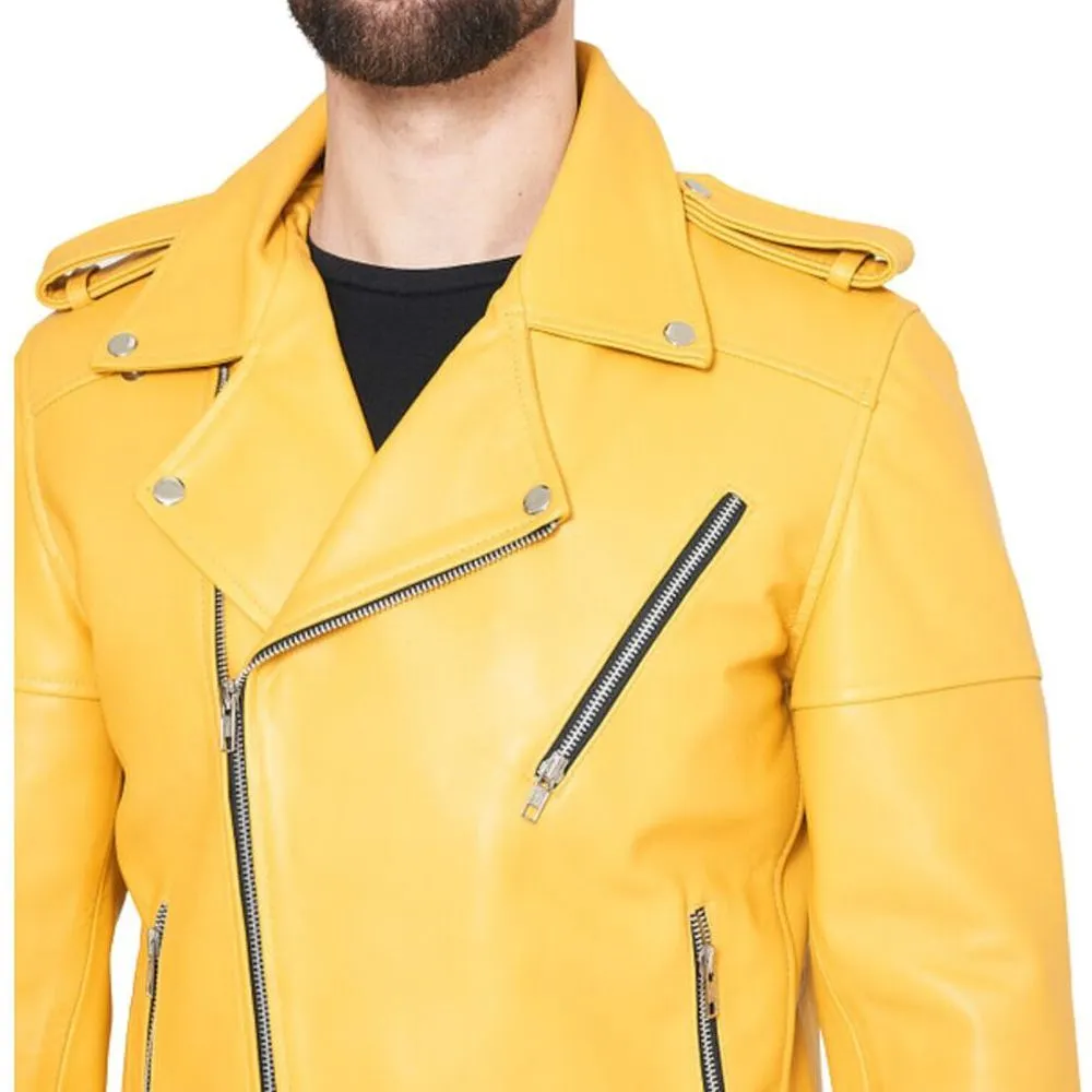 Yellow Slim Fit Real Leather Jacket