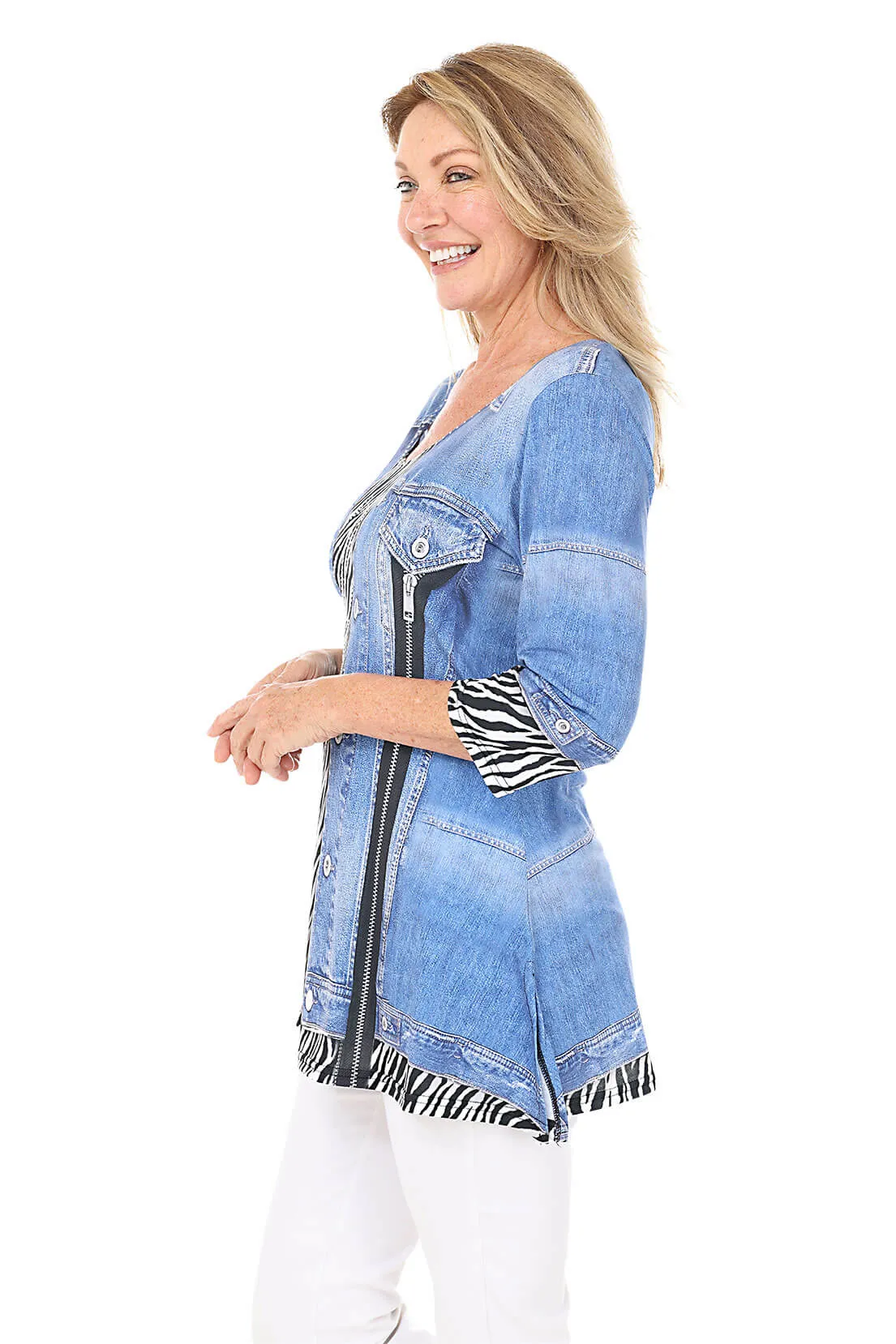 Zebra Denim Jacket Printed Knit Tunic