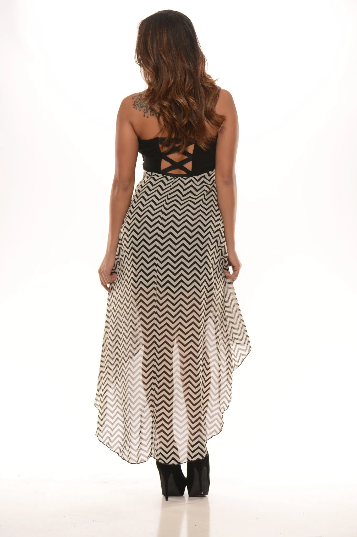 Zig Zag High Low Dress - Black & White (Also available in Coral/Black)